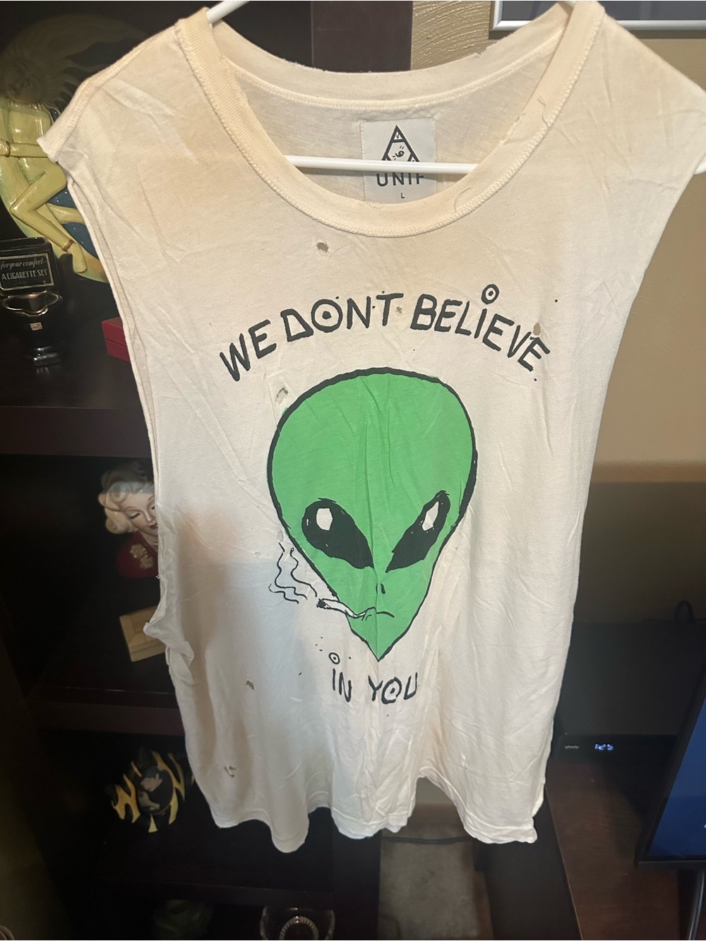 UNIF White Tank with Green Alien Graphic and 'We Don't Believe' Text